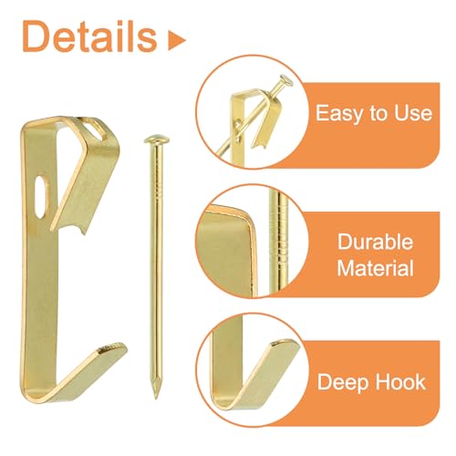 Image of uxcell 20Pcs Photo Frames Hanger Hooks, 30 Lb Frame Hooks with Nails Metal Wall Mount Album Picture Hanging Clips for Hanging, Clocks on The Wall, Gold
