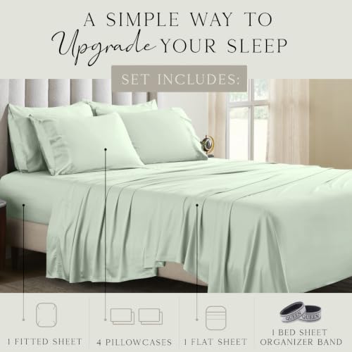 Image of KARISSA MAE 6 Piece Luxury Bamboo Viscose Queen Sheet Set, 4 Pillowcases | FSC Certified | Cooling | Ultra Soft | 18 inch Deep Pockets | Elastic Corner Straps | Includes Organizer Band [Sea Glass]