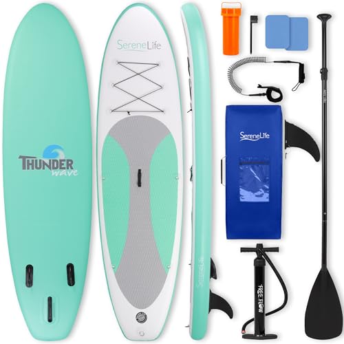 Tabla de Stand Up Paddle hinchable SereneLife - Diseño ancho y estable, cubierta antideslizante para adultos y jóvenes con accesorios de primera calidad: Bolsa de transporte, bomba de doble acción, remo, correa de tobillo - 10'.