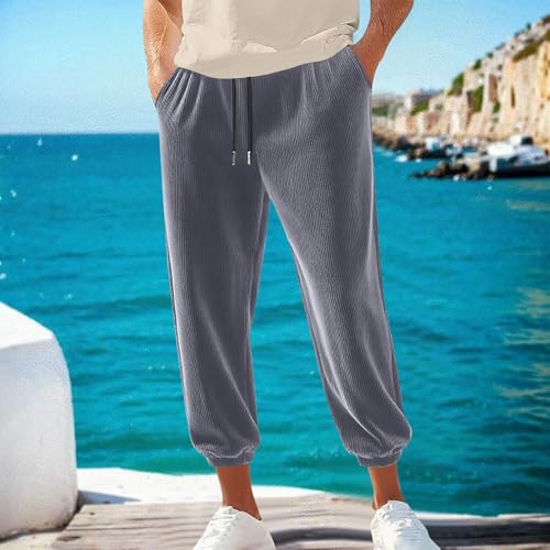 Mens Corduroy Joggers Crop Pants Drawstring Elastic Waist Baggy Tapered Casual Sweatpants with Pockets2