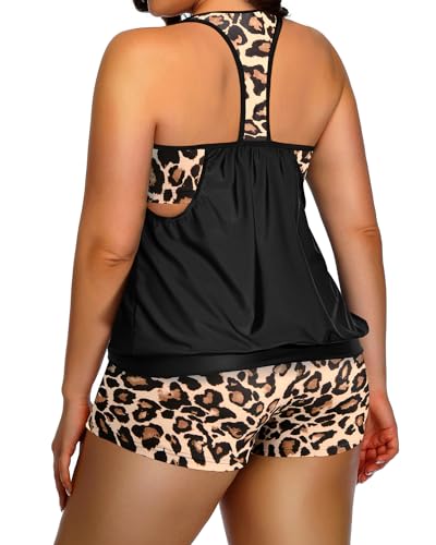 Image of Holipick Plus Size Tankini Swimsuit for Women Two Piece Tummy Control Bathing Suit Blouson Racerback Tankini Top with Shorts