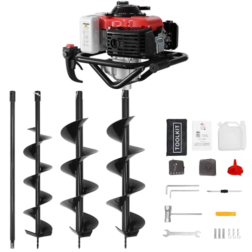 Image of 68CC 4-Stroke Auger Post Hole Digger, Single Person Gas Powered Earth Auger with 6 inch & 8 inch Drill Bits and Extension Rod for Fence Post, Tree Planting