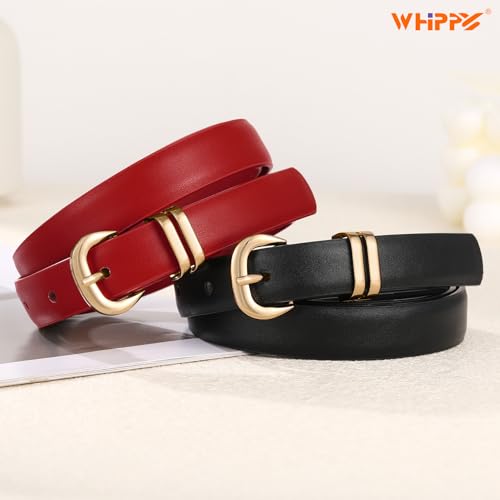 WHIPPY 2 Pack Skinny Leather Belts for Women Thin Ladies Fashion Belt C-Shaped Gold Buckle Black Belt for Jeans Pants Dresses2