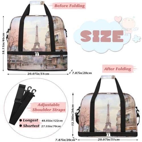 Travel Duffel Bags Eiffel Tower Foldable Weekender Bags for Women with Shoes Compartment Waterproof & Tear Resistant Carry on Overnight Luggage Duffel Bag Shoulder Sports Tote Bag2