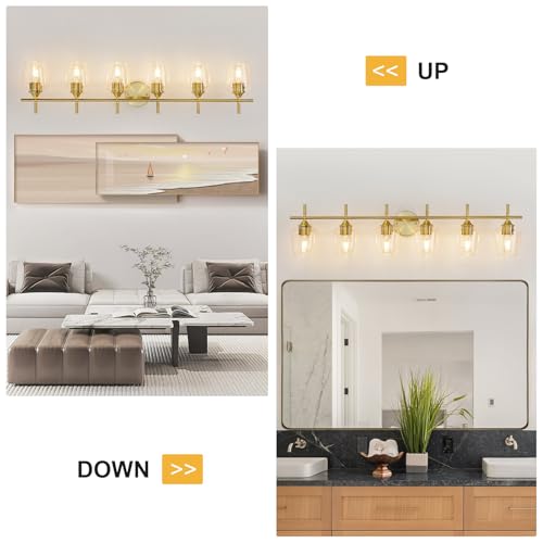 Image of foucasal Bathroom Vanity Light Fixtures, Bathroom 6-Lights Over Mirror Modern Vanity Lighting with Clear Wine Glass Shade Wall Lamp for Bedroom Hallway Living Room (Gold, 6-Light)