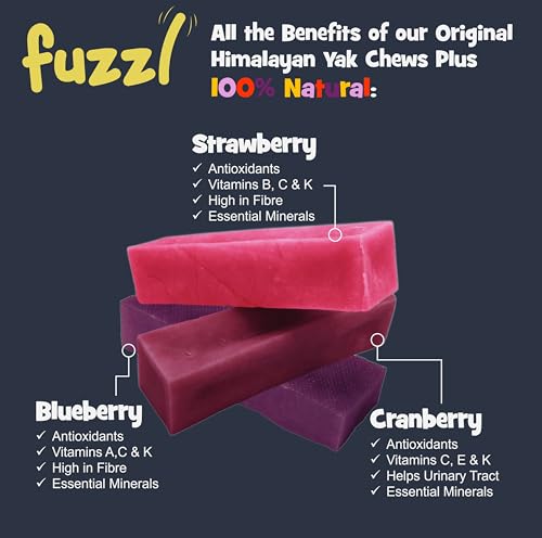 Fuzzl Yak Chews Multipack Strawberry, Blueberry & Cranberry Premium Natural Dog Treats with Himalayan Yak Milk 195g Yak Chew No Hide Dog Food Natural Dog Chews Long Lasting Dog Dental Sticks - 2