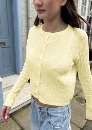 Image of Cioatin Women Cute Button Down Open Front Cable Knit Y2K Crop Sweater Cardigan Long Sleeve Pullover Fall Preppy Outfits 2025 Cream Yellow