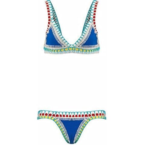 DPWELL Women's Crochet Knitted Triangle Bandage Bikini Set Neoprene Push UP Bra Swimwear Swimsuit (Small, Blue) Cover