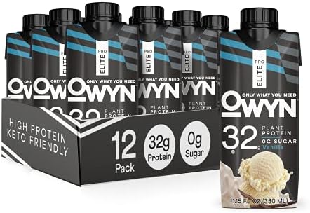 OWYN Pro Elite High Protein Keto Shake, Vanilla, 32g Vegan Protein, 9 Amino Acids, Omega-3, Prebiotics, Superfoods Greens, for Workout and Recovery, low carb snack, Zero Sugar (12 Pack)