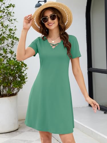 Image of KORSIS Women's Dresses Summer Casual T-Shirt Short Sleeve Criss Cross V Neck Swing Beach Vacation Sundress Dress with Pockets
