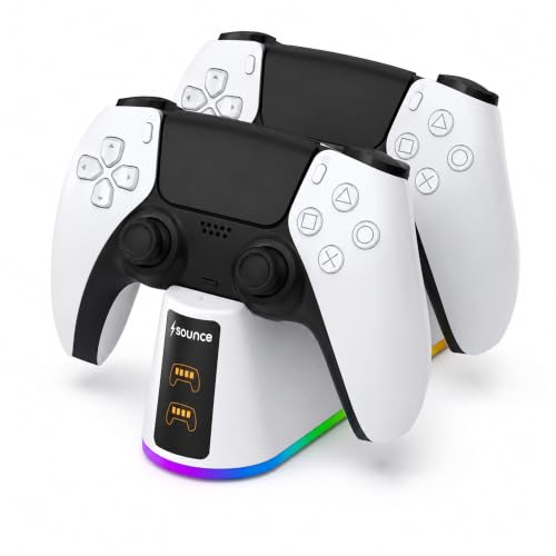 Image of Sounce PS5 Controller Charging Station, 2-Hour Fast Dual Charger Dock for PlayStation 5 DualSense Controllers, Charges Two Controllers at Once with 2 Included Charging Cables (White).