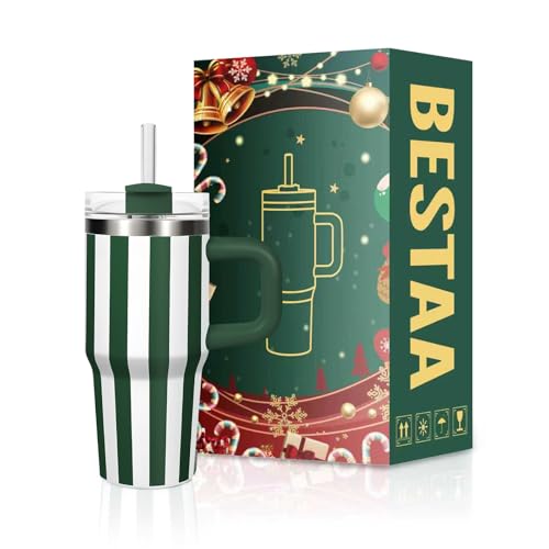 Bestaa 14oz/410ml Tumbler mit Griff und Stroh, Thermobecher mit Strohhalm und Griff Isolierter Edelstahl Trinkbecher Eiskaffee Reisebecher, Geschenke Sport im Freien (Grüner Streifen)