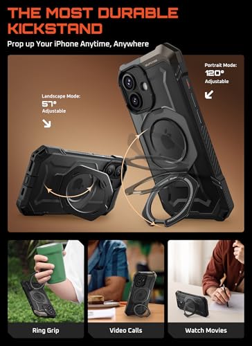 Image of SUPCASE for iPhone 17 Case with Stand & Camera Control Button, Black | Compatible with MagSafe, Military-Grade Drop Protection, Anti-Slip Grip, Heavy Duty Magnetic Phone Case, Unicorn Beetle Grip