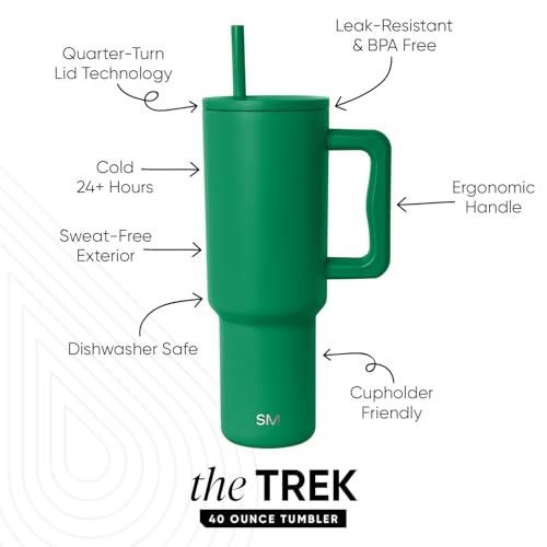 Image of Simple Modern 40 oz Trek Tumbler with Handle and Straw Lid | Cup Holder Friendly Insulated Stainless Steel Travel Mug | Kelly Green