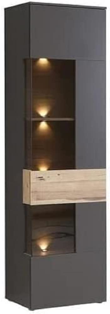 FORTE Como Vitrine mit 1 Glastür, Holzwerkstoff, Uni Wolfram Grau Kombiniert mit Planked Eiche, 60,4 x 203,3 x 41,3 cm