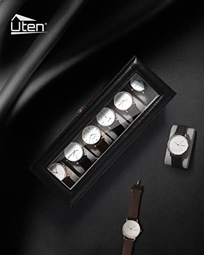 Uten Watch Box 6 Slots, Watch Case with Glass Lid, Watch Display Storage Box for Men and Women, Removable Watch Pillows, Metal Clasp, Black Synthetic Leather,Grey Velvet Lining, Gift Idea