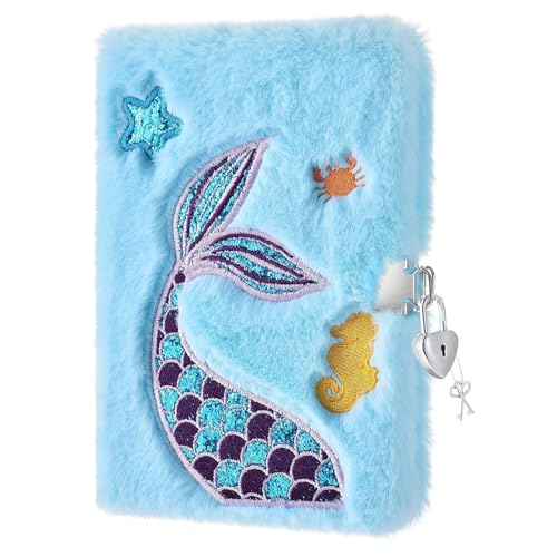 Mermaid Diary With Lock For Girls - Plush Secret Journal Kit With Pen & Keys