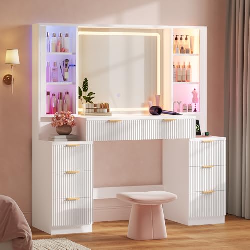 Image of Big Vanity Desk, Fluted Makeup Vanity with Mirror Lights, Dressing Table