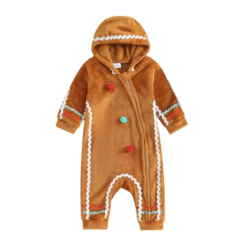 Baby Boys Girls Christmas Gingerbread Clothes Fuzzy One-piece Long Sleeve Hooded Romper Jumpsuit Cosplay Outfit