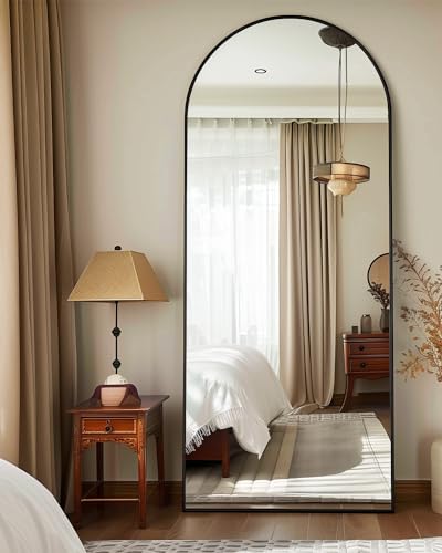 Full Length Mirror, 64"x21" Arched Floor Mirror Freestanding, Floor Standing Full Body Mirror with Stand for Bedroom, Hanging Mounted for Living Room Cloakroom, Black…