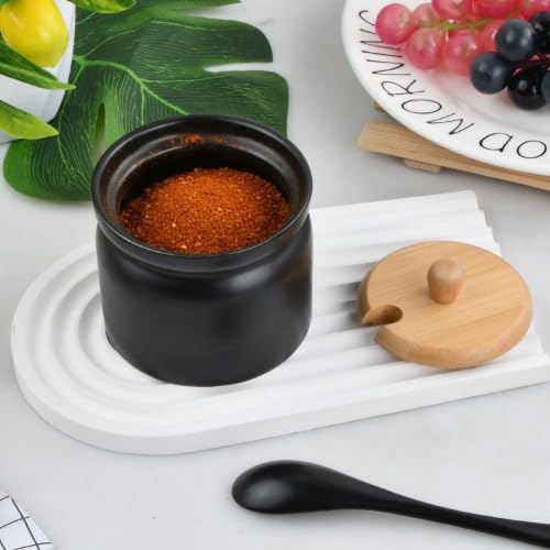 Salzdose Keramik, Modern Zuckerbehälter Zuckerdose aus Keramik Vintage Zuckerdose KleinSalzdosemit Deckel aus Bambusholz und einem Zuckerlöffel für Kaffeebar Küche und Frühstück zu Hause (B)