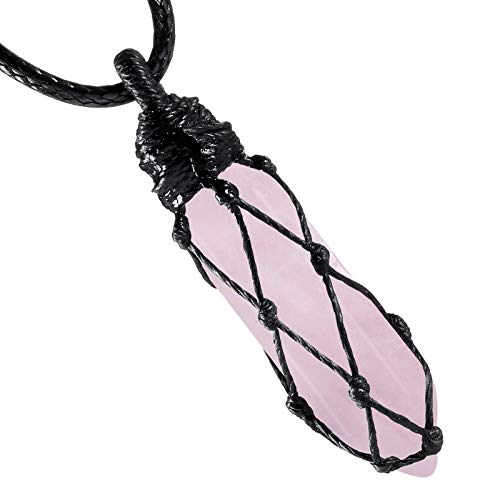 Tumbeelluwa Hexagonal Rose Quartz Crystal Points Pendant Necklace For Unisex Wrapped Stone Wand Pendant With Adjustable Cord #TOP1
