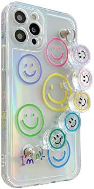 Cartoon Cute Smile Face Clear Phone Case Compatible with iPhone 13 Pro Max Holographic Hand Strap Case Kawaii Smile Bracelet Soft Silicone Girly Shockproof Bumper Case for Iphone13 pro max 6.7inch
