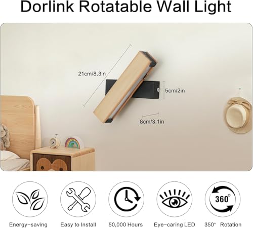 Aplique de pared interior de madera Dorlink giratorio con luz cálida de 3000K 2