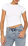 Women Basic Y2k Crop Tops Tight Round Neck Baby Tees Short Sleeve Slim Fitted T Shirts Egirl Aesthetic Clothes White a