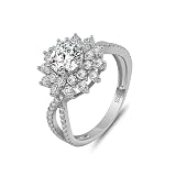 BWDHJLEY Anillo de plata de ley 925 para mujer, anillos de boda de moissanita redonda, diseño de flor redonda, anillo de compromiso, joyería real, L 1/2, Oro blanco de 14 quilates, Moissanita