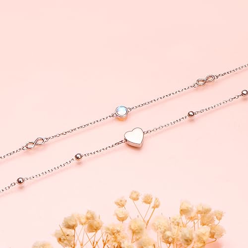 Image of Flyow Anklet for Women S925 Sterling Silver Adjustable Foot Beaded Heart Charm Ankle Bracelet Anklets Jewelry