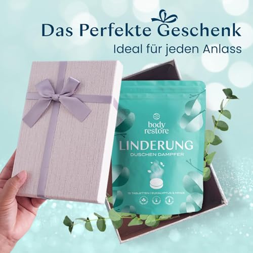 Body Restore Duschdampfer Aromatherapie 15er Pack – Muttertagsgeschenke für Mama, Spa Geschenke für Frauen, Entspannung & Stressabbau, Selbstpflege – Eukalyptus ätherische Öl Tabletten