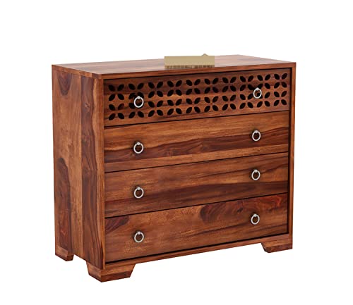 Image of SHIKHA WOOD CRAFT Solid Sheesham Wood Sideboard Cabinet with 4 Drawers | Multipurpose Handcrafted Wooden Chest of Drawers for Kitchen, Crockery, Living Room, Bedroom and Home Furniture (Honey Finish)
