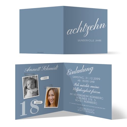 18. Geburtstag personalisierte Einladungskarten - achtzehn wundervolle Jahre - Klappkarte, zwei Fotos, ab 10 Stück, dickes Papier 18. Geburtstag personalisierte Einladungskarten - achtzehn wundervolle Jahre - Klappkarte, zwei Fotos, ab 10 Stück, dickes Papier
