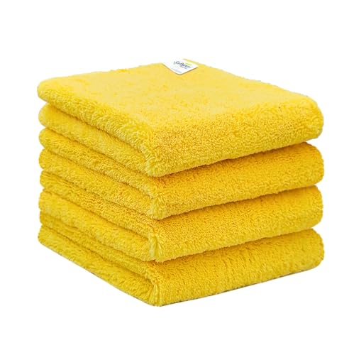 SOFTSPUN Microfiber High Loop Cleaning Cloths, 40x40 cms 4 pcs Towel Set 380 GSM (Yellow). Highly Absorbent, Lint and Streak Free, Multi-Purpose Wash Cloth for Kitchen, Window, Silverware.