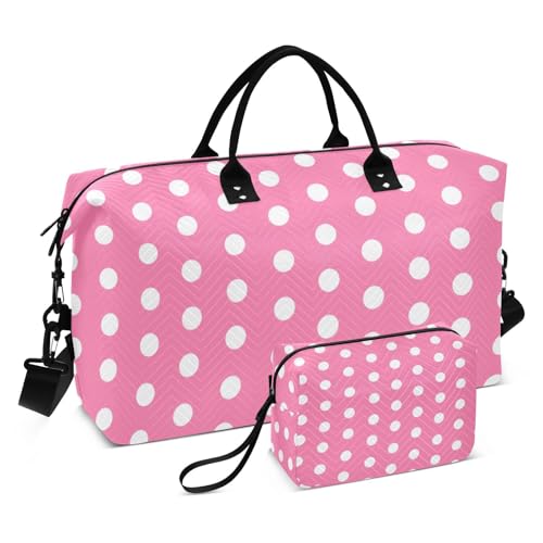 Polka Dots Pink White Travel Duffel Bag, Shoulder Weekender Overnight Bags - Large Gym Bag with Wet Pocket