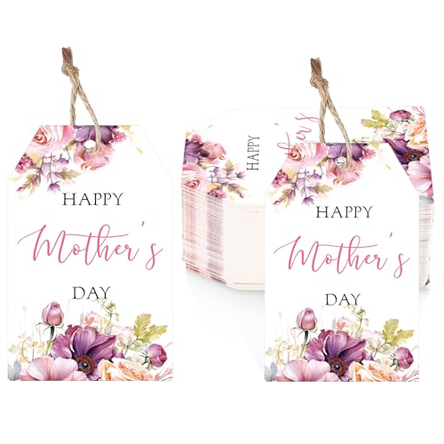 jijAcraft Mothers Day Gift Tags 50Pcs Happy Mothers Day Tags with String White Paper Hangtag Personalized Purple Floral Mothers Day Labels for Gift Wrap Party Favors Candy Bags
