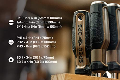 Image of Spec Ops Tools Screwdriver Set for Professional Construction & Jobsite Use, Phillips, Slotted and Square Drivers with Magnetic Tips, 8-Piece