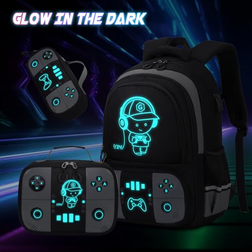 Bevalsa Backpack for School Boys, Cool Luminous Gamer Boys Backpack with Lunch Box & Pencil Pouch Set for Kids Children Teens Elementary Middle Schools, Schoolbag Bookbag Glow In The Dark (Grey)3