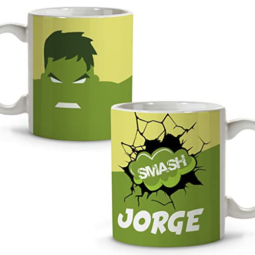Taza Superhéroes Personalizada con Nombre. Regalo Friki. Varios Diseños y Colores Interior. Hulk