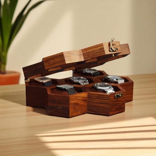 Image of Vintage Wooden Watch Box for Men, Timepiece Display Case, Honeycomb Watch Storage & Organizer, Jewlery Box for Women, Anniversary Gift For Husband (6 Compartment (Other Design))
