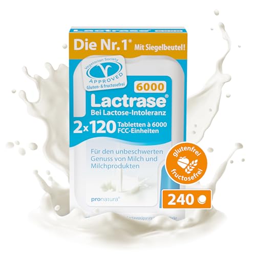 pro natura Lactrase 6000 – 2x120 Lactase Tabletten bei Lactose-Intoleranz, für den unbeschwerten Genuss von Milch und Milchprodukten