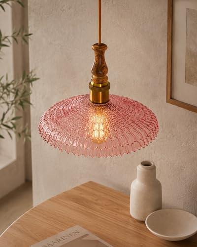 Image of Homesake Botanica Pendant Lamp | Petal Scalloped Glass Hanging Light with Solid Wood Top | Vintage European Ceiling Fixture, Pendant Light for Home Decor, Hallway, Kitchen & Balcony, (Ripple, Pink)