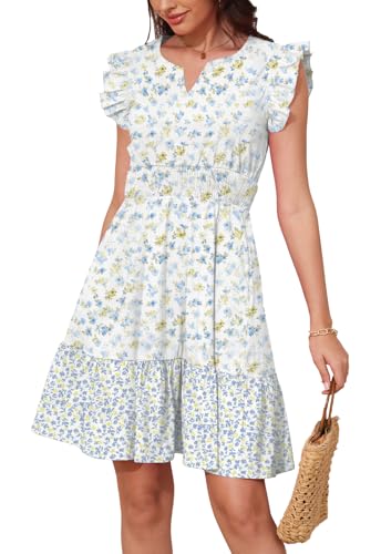 Image of Jayscreate Women's Ruffle Sleeve Layered Dress Pockets Elastic Waist 2025 V Neck Above Knee Summer Casual Cute Dress
