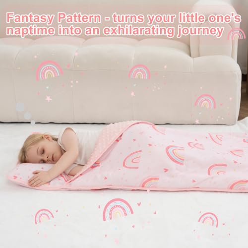 Image of Viviland Toddler Nap Mat with Pillow and Minky Dot Blanket, Large Thick Rolled Sleeping /Slumber Bags, Kids Girls Sleeping Mat for Preschool, Daycare, Kindergarten, Travel Camping- Pink Rainbow