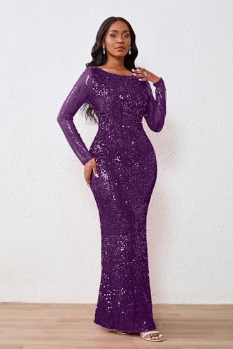 Image of VERWIN Women's Sequins Bodycon Round Neck Long Sleeve Sparkly Mermaid Maxi Dress for Casual Party Cocktail
