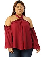 theRebelinme Plus Size Women's Maroon Solid Color Halter Neck Woven Top(XXL)