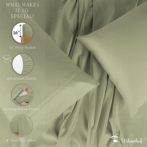 URBANHUT 800 Thread Count Egyptian Cotton Queen Size Sheets Set (4 Pc) - Ultra Soft & Smooth, Sateen Weave Queen Size Sheets, Luxury Hotel Sheets with 16" Deep Pocket - Sage