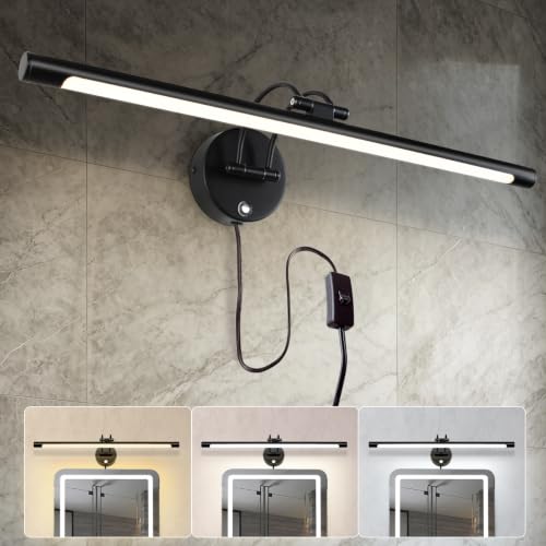 Image of Plug in LED Light Panels Bar 24 inch Vanity Lights Matte Black Bathroom Vanity Light Rotatable Head Bathroom Lighting Fixtures Over Mirror 3CCT Dimmable Wall Sconce Picture Lamp