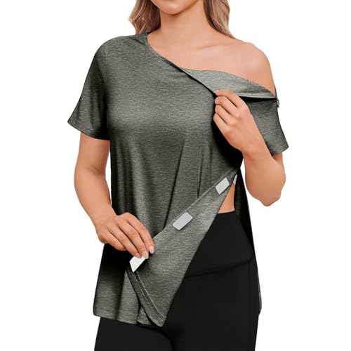 Off the Shoulder Shirt for Women Short Sleeve Tear Away Side Snap Chemo Port Shirts Casual Loose Adaptive Blouses with 2 Shoulder Half Zippers Soft Snap-Open Easy Dressing Tops Plus Size